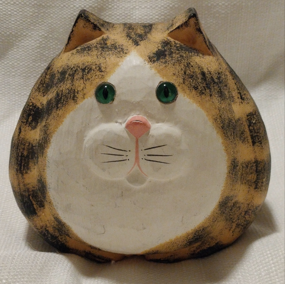 James Haddon Vintage Hand Carved Wood Cat Figurine Signed